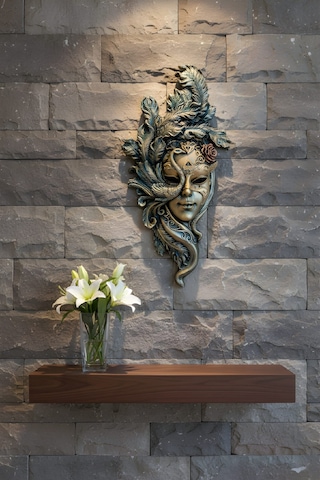 Tavus Kuşu Maskeli Kadın Duvar Mask Kahve Bronz Dekoratif Duvar Maskesi El Yapımı Maske Sanat Eseri