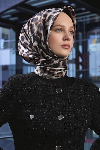 Poanes Leopar Desenli Twill İpek Eşarp Açık Pembe - Pembe