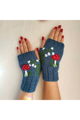 Newdaycraft El Örgüsü Motifli Parmaksız Eldiven / Bileklik - Mantar Mavi