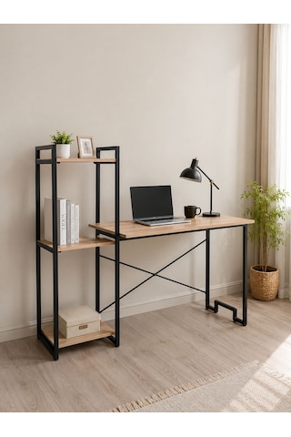 Raflı Çalışma Masası Kitaplıklı Bilgisayar Masası Metal Ayaklı Home Office Ofis Masası Siyah - Siyah