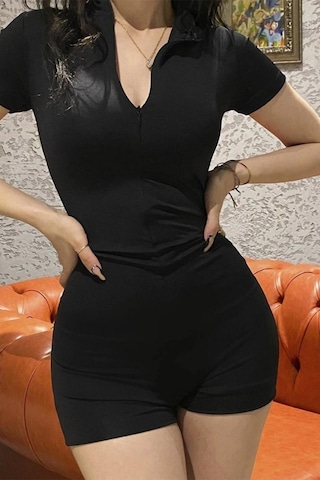 Winmoda34 Kadın Fermuarlı Mini Kısa Kol Toparlayıcı Tulum Siyah