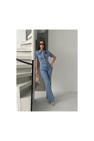 Bluemarlin Kısa Kol Buz Kar İspanyol Paça Likralı Denim Tulum Buz Kar