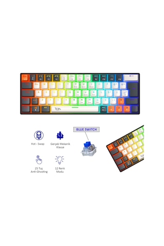 Rgb Gaming Kablolu Mekanik Klavye Mavi Switch Hot Swap 64 Tuşlu Oyuncu Klavyesi Double Shot Örgü Kablo Rgb Gaming Oyuncu Klavyesi