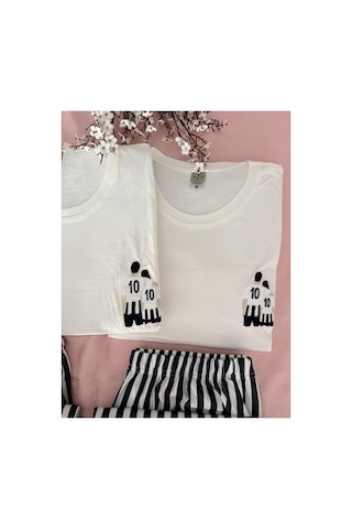 Mh Moony Homewears Kadın Tekli Siyah Beyaz Aşk Pijama Çift Pijamasının Kadını Krem Siyah Kadın