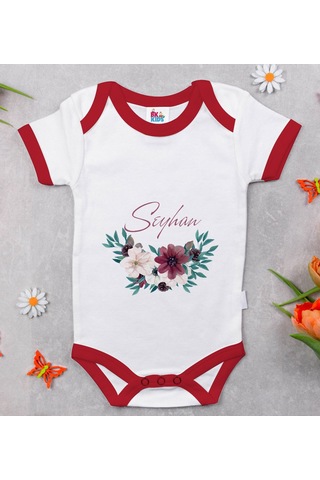Bk Gift Bk Kids Kişiye Özel Çiçek Tasarımlı Kırmızı Bebek Body Zıbın-25 Çok Renkli