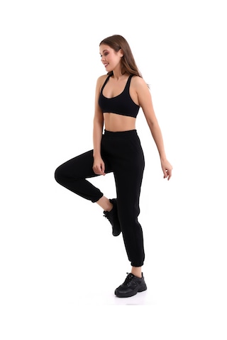 Winmoda34 Kadın Üç İplik İçi Şardonlu Polarlı Eşofman Altı Jogger Rahat Kalıp Siyah