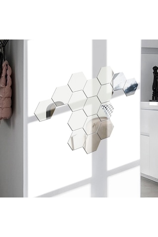 Sones Ym300 16 Adet / Set Ev Kişisel Duvar Çıkartmaları Dıy Akrilik Duvar Dekoratif Ayna Altıgen Gümüş Diğer