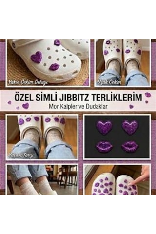 Temungur Mor Simli Kalp & Dudak Jibbitz Charm 4 Lü Set Terlik Süsü, Parlak Glitter Terlik Aksesuarı Çok Renkli