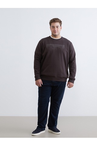 Lcwaıkıkı Classic Kahverengi Büyük Beden Bisiklet Yaka Baskılı Erkek Kalın Sweatshirt