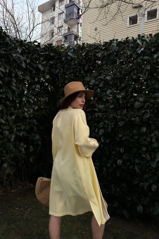 Kadın Sarı Müslin Kumaş, Hasır Şerit Detaylı Salaş Kimono Ceket Sarı