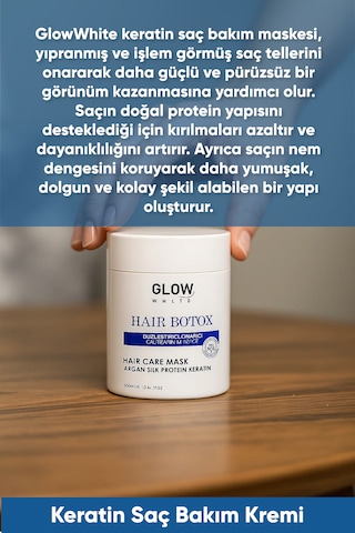 Glow Whıte Keratin Saç Botoksu Argan, Keratin Ve İpek Proteinli Yoğun Bakım Maskesi 300 Ml