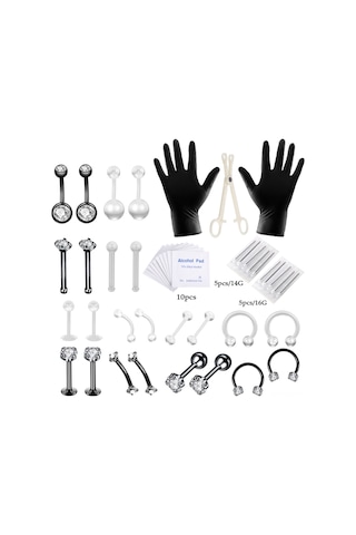 Wezone 47 Parça Tekerlekli Cila Vurgulu Paslanmaz Çelik Göğüs Burun Kulak Karın Piercing Seti - Açma Pensi, Eldiven, İğne Ve Alkol Tamponu Dahil