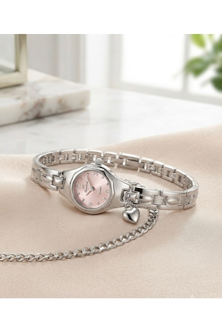 Kadın Çelik Kol Saati Bileklik Hediyeli Gümüş Renk Pembe Kadran Zarif Tasarım Quartz Kadın Saati Pembe-25 Cm