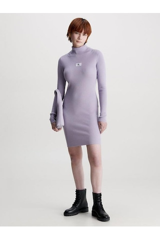 Badge Roll Neck Sweater Dress Purple