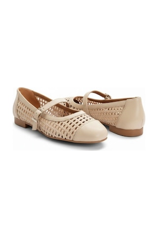 Ne&ve Shoes Bej Deri Biye Örgü Detaylı Tokalı Kadın Babet