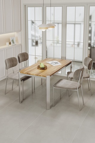 Nexa Demir Metal Ayaklı 70x120 Sabit Masa Yemek Odası Takımı, Mutfak Takımı 4 Adet Sandalye Kahverengi