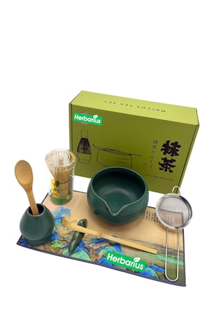 8 Parça Mat Zümrüt Yeşili Krem Tabanlı Renk Matcha Çayı Hazırlama Seti - Geleneksel Japon Matcha Seti