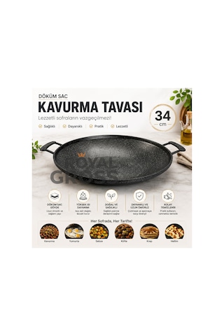 Döküm Sac Kavurma Tavası 34 Cm Çift Kulplu Izgara Ve Et Pişirme Tavası Siyah