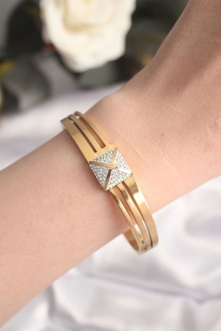 316l Çelik Zirkon Taşlı Gold Renk Kadın Kelepçe Bilezik