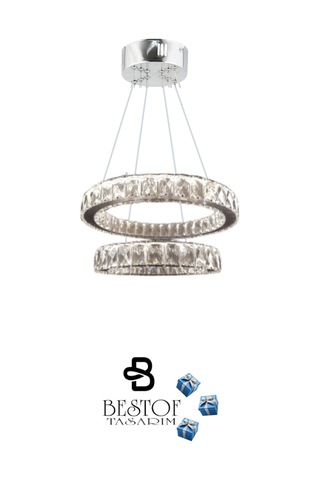 ZİLLA 2'Lİ MODERN SARKIT KRİSTAL TAŞLI LED AVİZE - 3 RENK KUMANDALI - ( Beyaz - Sarı - Gün Işığı )