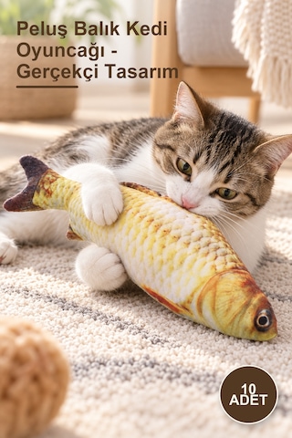 10 Adet Peluş Balık Kedi Oyuncağı - Gerçekçi Tasarım