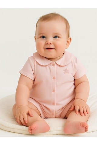 Zekids Kız Bebek Bebe Yakalı Organik Pamuklu Kısa Kol Şort Tulum-15918 Pembe