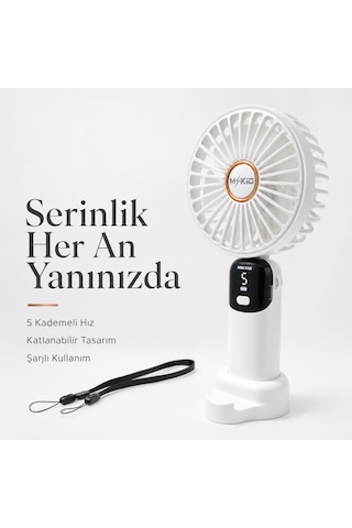 Mkio Şarjlı El Vantilatörü 5 Kademeli, Katlanabilir Dijital Ekranlı Mini El Fanı, 1200 Mah, 5 Pervaneli Güçlü Hava Akışı, Standlı Masaüstü Fan, Usb Şarjlı -beyaz