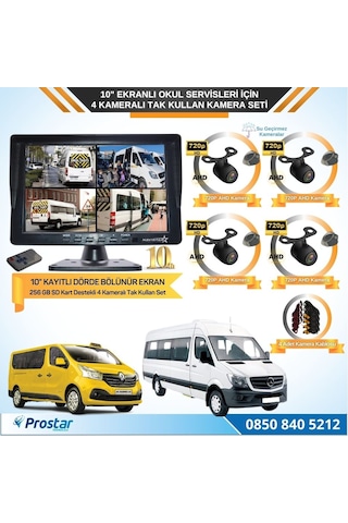 Kayıtlı 10" Dörde Bölünebilir 4 Kameralı Ahd 720p Okul Servisler Için Kamera Seti