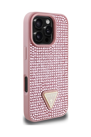 Apple Uyumlu iPhone 16 Pro Max Kılıf Guess Lisanslı Üçgen Logolu Taşlı Kapak Pembe