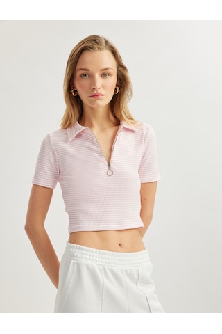 Koton Viskon Kumaş Karışımlı Pötikare Fermuarlı Kısa Kollu Crop Polo Yaka Tişört Pembe Çizgili 5sak50007ek Pembe Çizgili Pembe