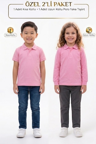 Nacar Store Unisex Çocuk Uzun Ve Kısa Kollu Polo Yaka Okul Tişörtü 2'li Set Pembe