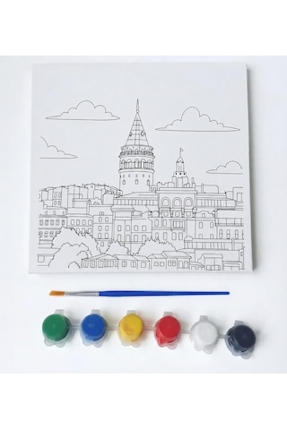 Figürlü Tuval Boyama Seti 20x20 Cm 1 Adet Fırça, 6 Renk Akrilik Boya Ve Referans Görselli Hobi & Kendin Yap Boyama Kiti 1, Galata Kulesi