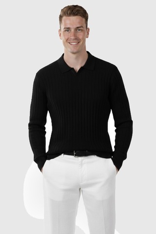 Rizzup Erkek Siyah Polo Yaka Fitilli Triko Kazak %100 Pamuk, Esnek Dokulu, Modern Kalıp 2605306