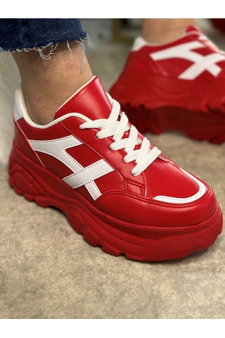 Günlük Kadın Sneaker Kalın Yüksek Taban Bağcıklı Rahat Tiger Şeritli Spor Ayakkabı 032 12 - Kırmızı Beyaz