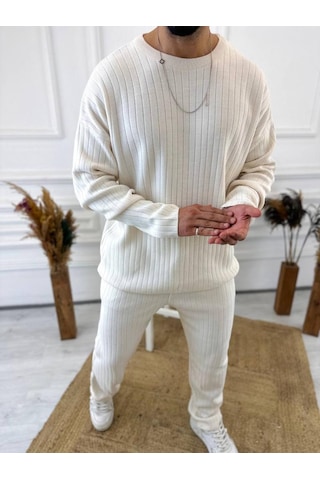 Uzun Kollu Tişört Fitilli Örme Triko Yumuşak Dokulu Tüylenmez Pamuklu Kazak Sweatshirt Beyaz