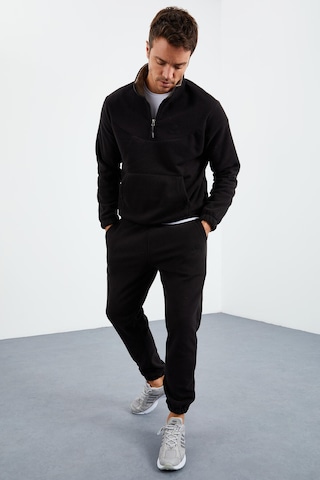 Tommy Life Siyah Yarım Fermuar Dik Yaka Lastik Paça Polar Erkek Eşofman Takımı - 85159 Siyah