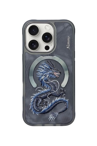 Nımmy İphone 15 Pro Max Uyumlu Magsafe Destekli 3d Gerçek Nakış İşlemeli Mavi Dragon Kılıf