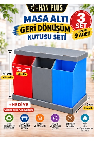 Han Plus Masa Altı, 3'lü Geri Dönüşüm Kutusu Seti -3 Takım + Online Sıfır Atıkeğitimi