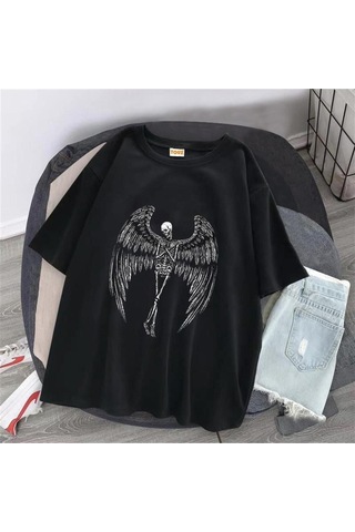 Pisa Art Winged Skeleton Baskılı Siyah Unisex Oversize T-shirt Rsts2020 Siyah