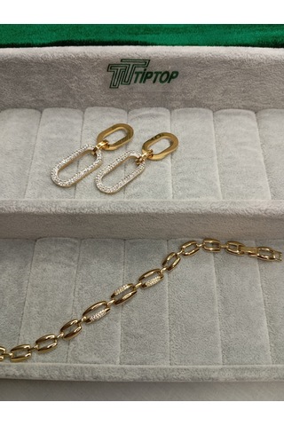 Tiptop/ Gold Renk Zirkon Taşlı Sallantılı Model Çelik Küpe - Zincir Model Zirkon Taşlı Bileklik Gold