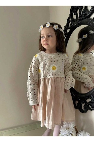 Kız Çocuk Çiçek Desenli Kroşe Müslin Pamuklu Prenses Hediye Doğum Günü Şık Elbise Bej
