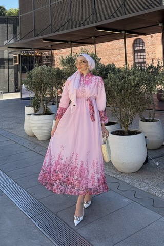Riella Butik Çiçek Desenli Tesettür Elbise Pembe