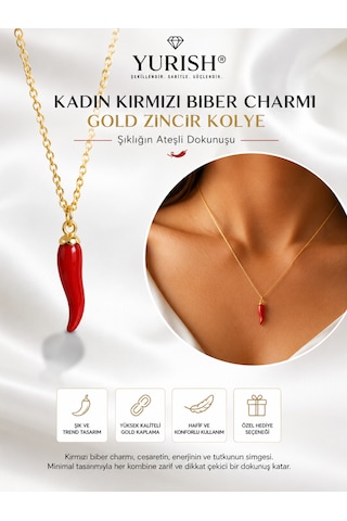 Kadın Kırmızı Biber Charmı Gold Zincir Kolye 0143 - Kırmızı