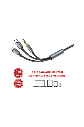 Type-c Apple Uyumlu iPhone Lightning To 3.5mm Aux Kumaş Örgülü Ses Kablosu 3 İn 1 Stereo Destekli Mt2811
