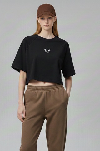 Soft&Basic Kadın Nakışlı Regular %100 Organik Pamuk Yuvarlak Yaka Kısa Crop T-shirt Siyah