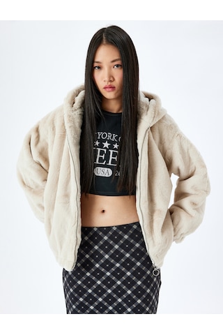 Koton Peluş Mont Kapüşonlu Fermuarlı Cep Detaylı Bej 5wal20004ıw Ekru