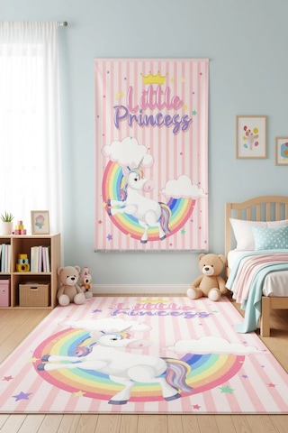 Gökkuşağı Unicorn Çocuk Odası Halısı Pembe