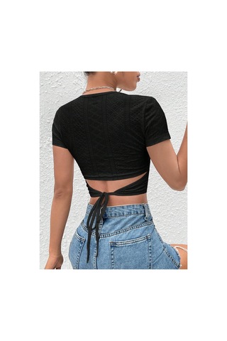 Hımmelduf Siyah Belden Bağlamalı Kısa Kollu Crop Bluz Siyah
