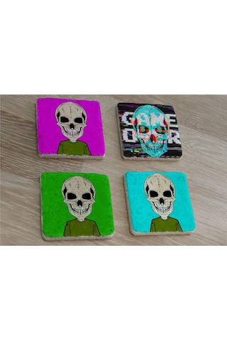Kuru Kafa Game Over Doğal Taş Bardak Altlığı 4'lü Set - Natural Stone Coasters - Taş Çok Renkli