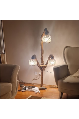 Ev Ofis İçin Uzun Ahşap Sarı Ledli 3 Ampul Lambader Aplik Abajur